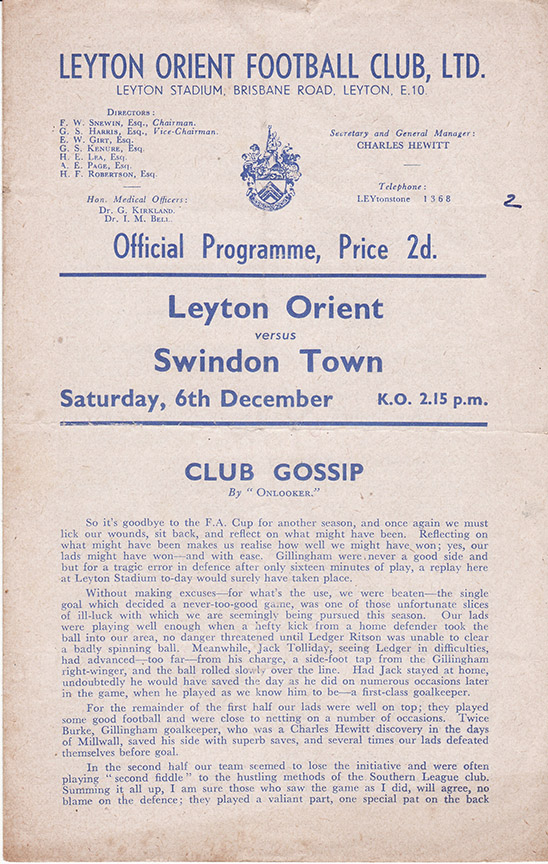 <b>Saturday, December 6, 1947</b><br />vs. Leyton Orient (Away)